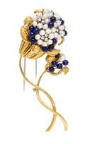 An 18 Karat Yellow Gold Baroque Cultured Pearl Lapis Lazuli and Diamond Flower Brooch Circa 1960