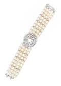 A Platinum Diamond and Cultured Pearl Bracelet