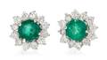 A Pair of 14 Karat White Gold Emerald and Diamond Earrings