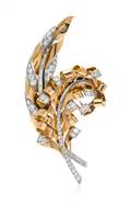 A Retro 18 Karat Rose Gold Platinum and Diamond Feather Motif Brooch Gubelin