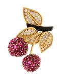 An 18 Karat Yellow Gold Ruby Diamond and Enamel Cherries Brooch Van Cleef  Arpels Paris