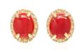 A Pair of 14 Karat Yellow Gold Coral and Diamond Earclips