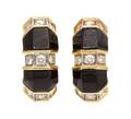 A Pair of Yellow Gold Onyx and Diamond Earclips