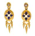 A Pair of 18 Karat Yellow Gold Lapis Lazuli and Pearl Earrings