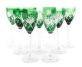 A Set of Nine Green Cut to Clear Glass Wine Stems