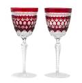 A Pair of Red Cut to Clear Glass Wine Stems