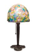 A French Art Deco Enameled Glass and Wrought Iron Table Lamp Mazoyer