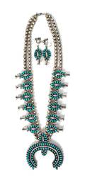 A Zuni Silver and Turquoise Petit Point Squash Blossom Necklace and Earrings