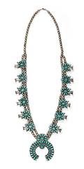 A Zuni Petit Point Silver and Turquoise Squash Blossom Necklace