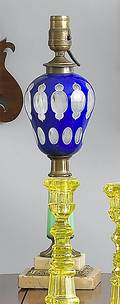 Blue cut to opaque cut to clear glass lamp 19th c