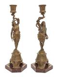 A Pair of Egyptian Revival Gilt Bronze and Marble Candlesticks