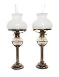 A Pair of English SilverPlate Mounted Cut Glass Oil Lamps