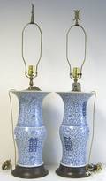 Pair of blue and white export lamps