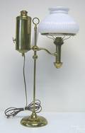 Brass singlearm student lamp with white ribbed shade