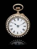 A Silver Gilt Enamel and Faux Pearl Open Face Pendant Pocket Watch