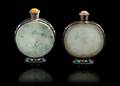 Two Mongolian Jadeite Inset Metal Snuff Bottle