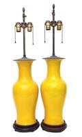 A Pair of Chinese Export Yellow Glaze Baluster Vases