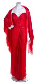 A Bob Mackie Red Strapless Layered Gown