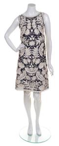 An Oscar de la Renta Navy and White Silk Embroidered Dress