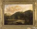 American Schoolmid 19th c  Oil on canvas landscape depicting a river with 4 men fishing in a valley 21 x 28 12