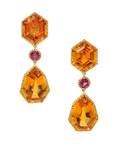 A Pair of 18 Karat Yellow Gold Citrine and Rhodolite Garnet Byzantine Convertible Pendant Earclips Verdura