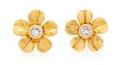 A Pair of 18 Karat Yellow Gold and Diamond Flower Motif Earrings Tiffany  Co