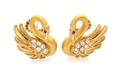 A Pair of 18 Karat Yellow Gold and Diamond Swan Earclips Carrera y Carrera