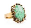 A 14 Karat Yellow Gold Jade and Diamond Ring