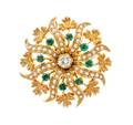 A 14 Karat Yellow Gold Diamond Emerald and Seed Pearl Leaf Motif Star Burst PendantBrooch