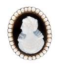 A Victorian Yellow Gold Onyx Cameo and Seed Pearl Brooch