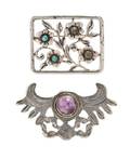 A Collection of Silver Turquoise and Amethyst Brooches Mexico