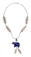 A Silver Silver Lapis Lazuli Coral Turquoise and Onyx Feather and Bear Motif Necklace Native American