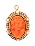 An Antique Yellow Gold Coral Cameo and Seed Pearl PendantBrooch