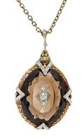 An Antique Yellow Gold Platinum Smokey Quartz and Diamond Pendant