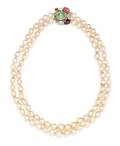 A 14 Karat Yellow Gold Multigem and Cultured Pearl Double Strand Necklace