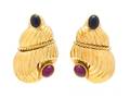 A Pair of 18 Karat Yellow Gold Ruby and Sapphire Shell Motif Earclips