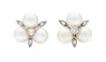 A Pair of White Gold Cultured Pearl and Diamond Earclips
