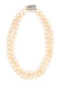 A Double Strand Cultured Pearl Necklace with Platinum and Diamond Clasp