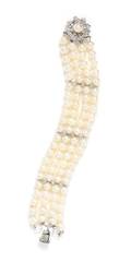 A 14 Karat White Gold Diamond and Cultured Pearl Multistrand Bracelet