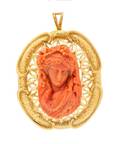 An 18 Karat Yellow Gold and Coral Cameo PendantBrooch
