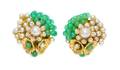 A Pair of 18 Karat Yellow Gold Cultured Pearl Chrysoprase and Diamond Earclips