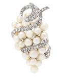 A White Gold Cultured Pearl and Diamond Brooch