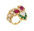 An 18 Karat Yellow Gold Diamond Ruby and Emerald Ring