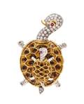 A Bicolor Gold Diamond Ruby and Polychrome Enamel Turtle Brooch