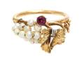 A 19 Karat Yellow Gold Seed Pearl Pink Tourmaline and Diamond Ring