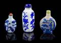 Three Blue Overlay White Peking Glass Snuff Bottles