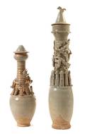 Two Celadon Glazed Pottery Funerary Urns and Covers
