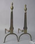 Pair of brass and wrought iron knife blade andirons 18th c