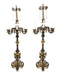 A Pair of Neoclassical Gilt and Patinated Bronze SixLight Candelabra