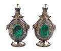 A Pair of Continental Malachite and Rock Crystal Mounted Silver Flasks